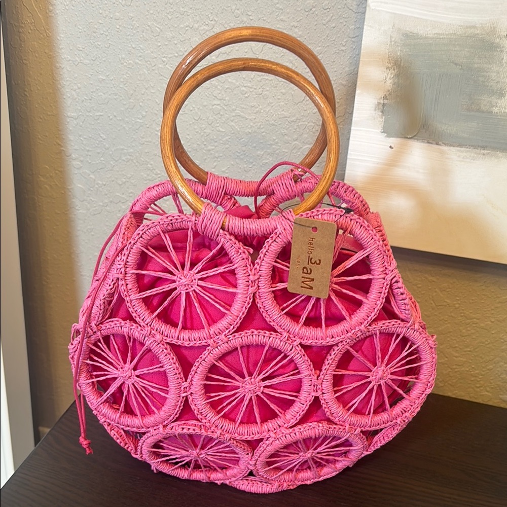 Handwoven Pink Circle-Detail Tote with Wooden Handles